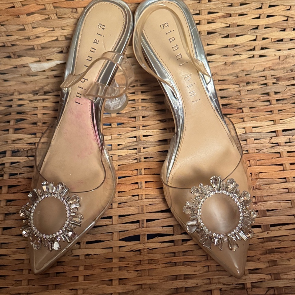 Gianni Bini Tan and Clear Embellished Heels